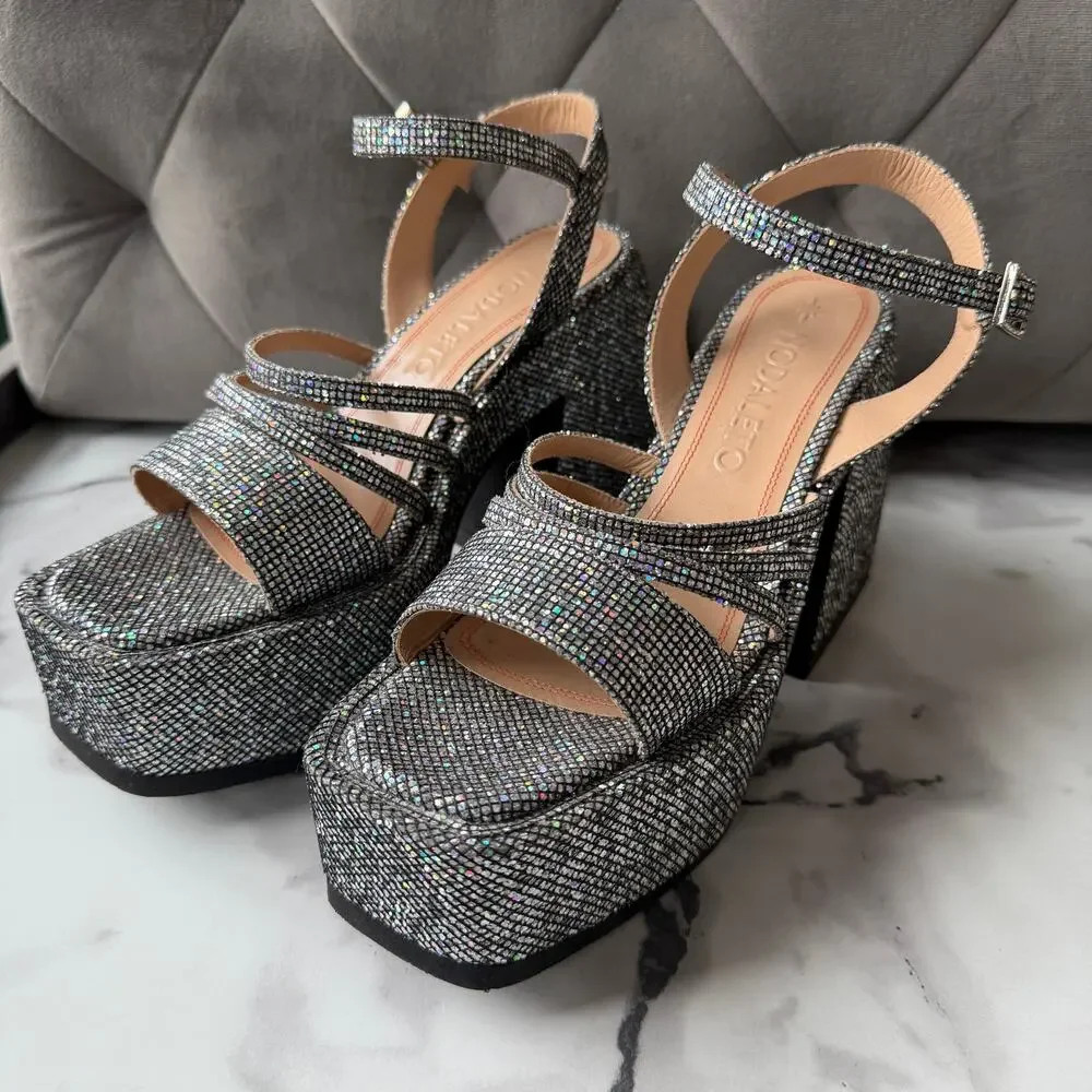 Nodaleto Disco Silver Glitter Platform Heels Size EU 38